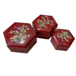 Vintage Floral Nesting Trinket Boxes Set of 3 Hexagon Hong Kong Lacquer Keepsake